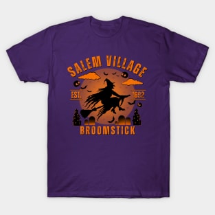 Salem Village Broomstick Vintage Spooky Halloween Design T-Shirt